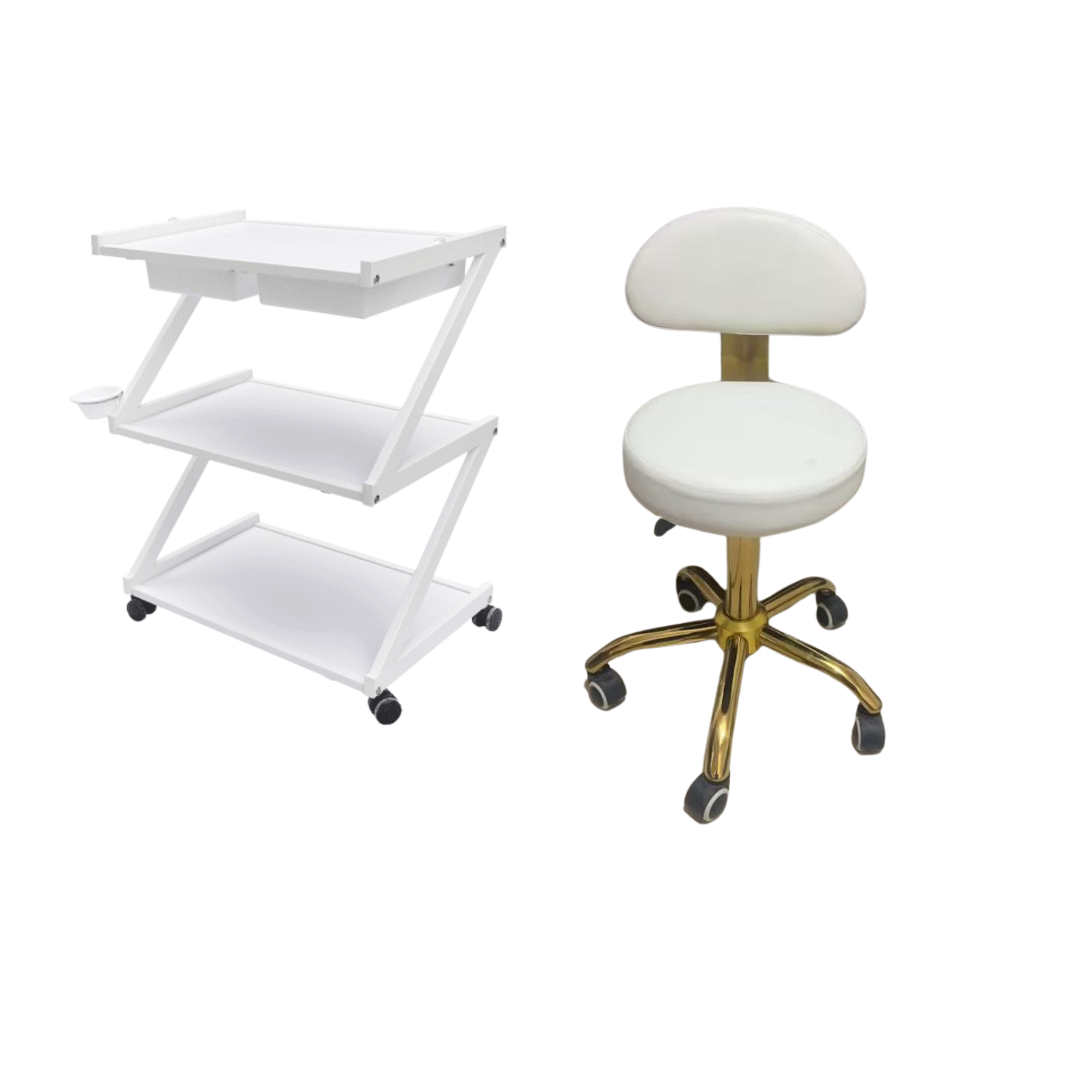 כיסא קוסמטיקה + עגלת קוסמטיקה בצבע לבן